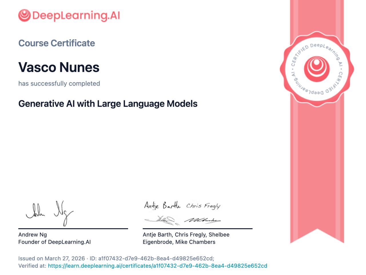 Generative AI with Large Language Models course certificate awarded to Vasco Nunes by DeepLearning.AI