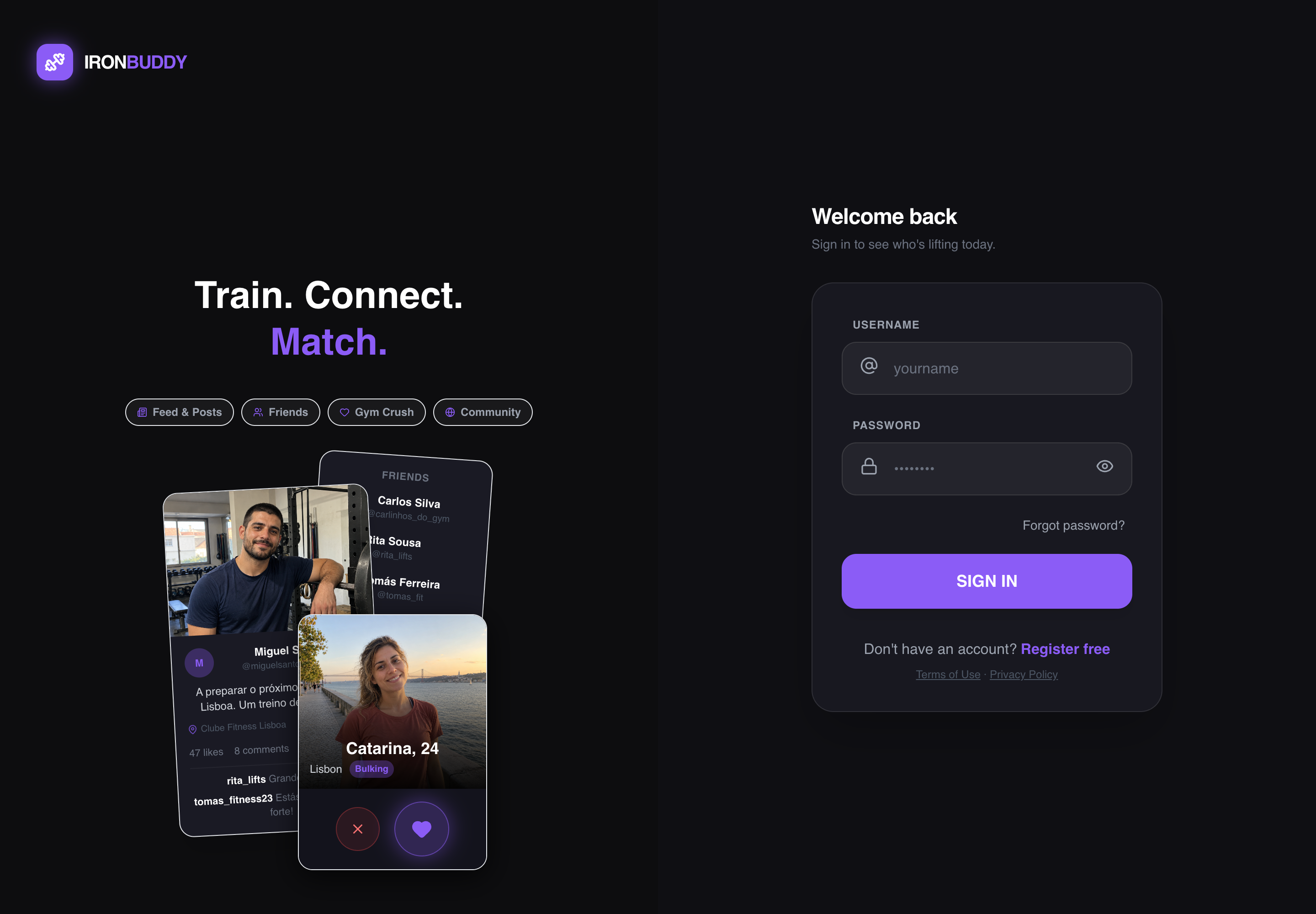 IronBuddy login page with a preview of the feed, friends and Gym Crush